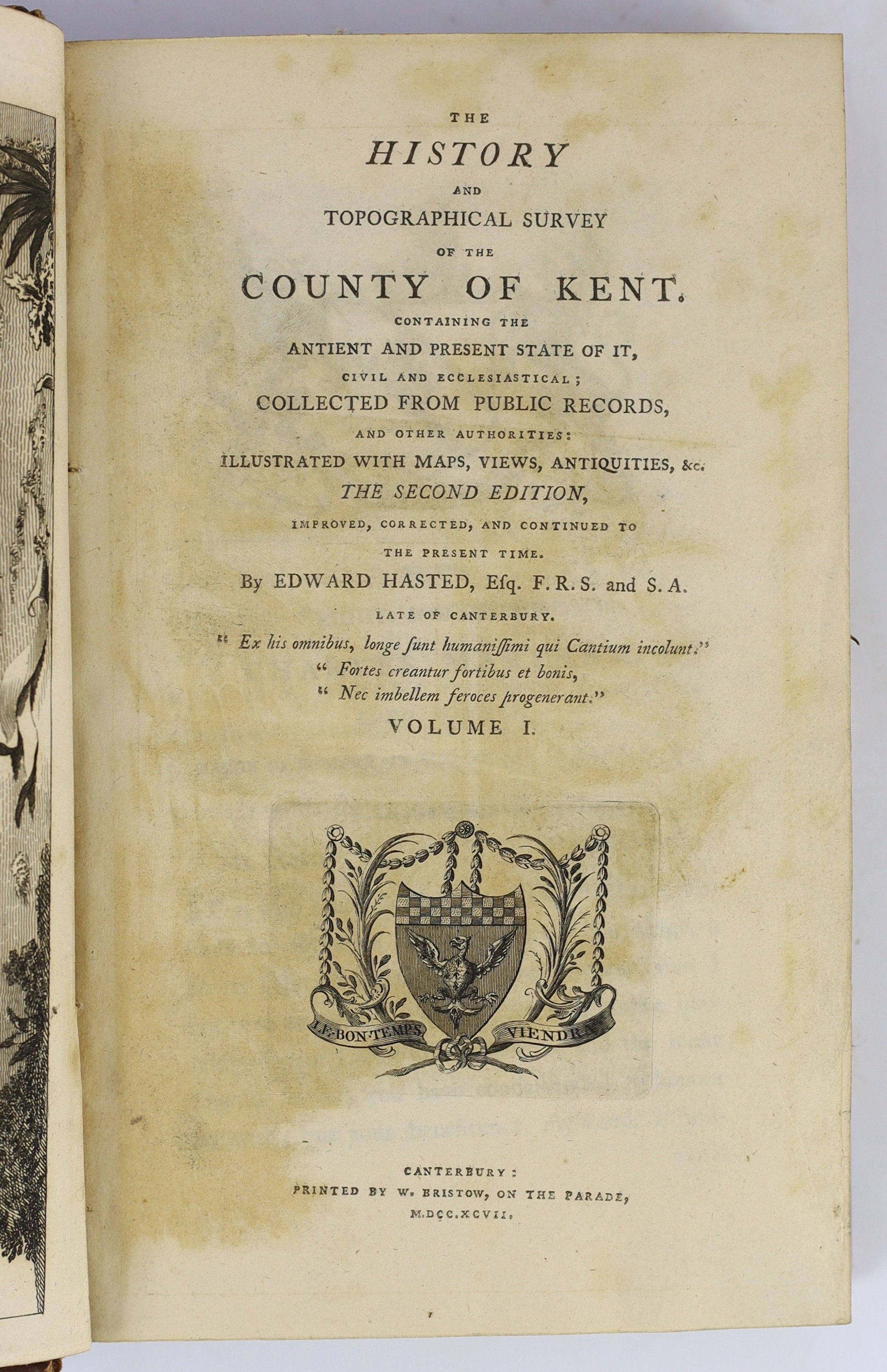 KENT - Hasted, Edward - The History and Topographical Survey of the County of Kent, 2nd edition, 12 vols, 8vo, half calf, with frontises, 34 folding maps, some with slight tears to folds and 35 plates, 3 of them folding,